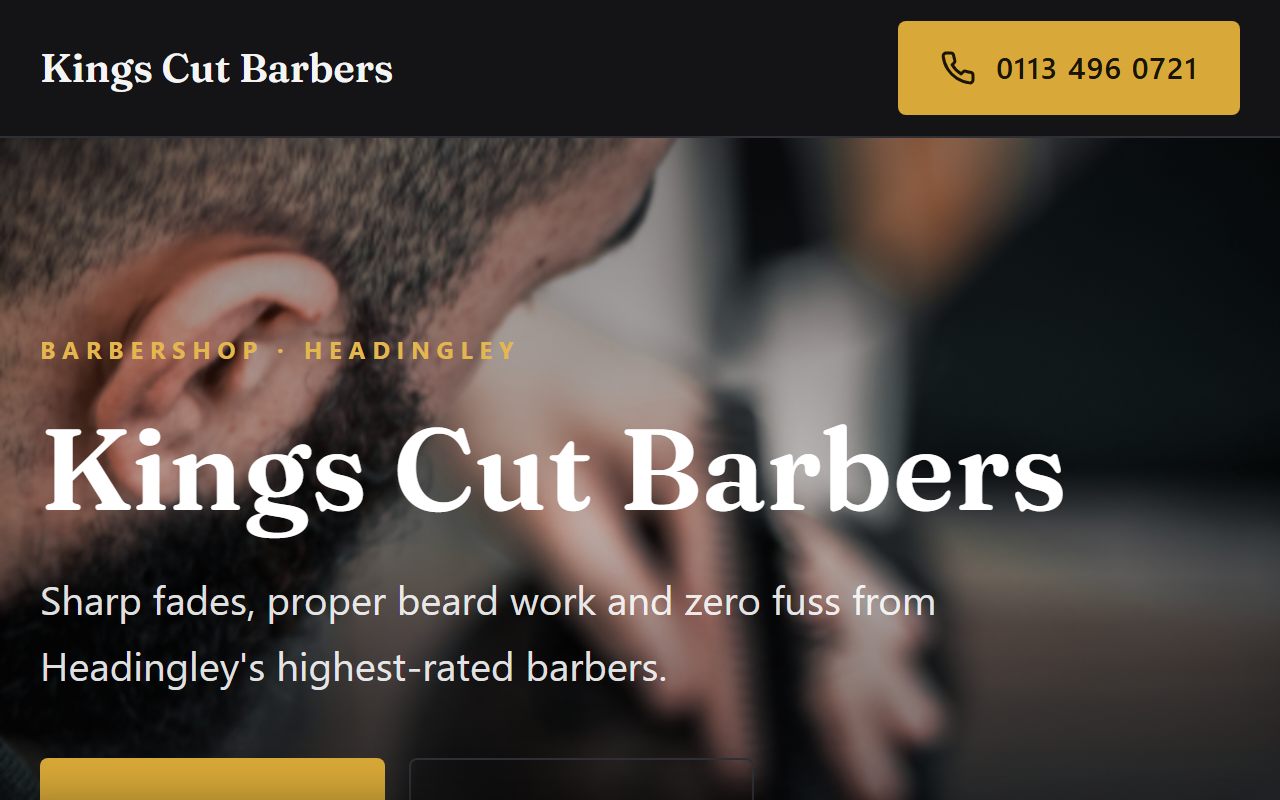 Screenshot of the Kings Cut Barbers demo site with a dark editorial hero