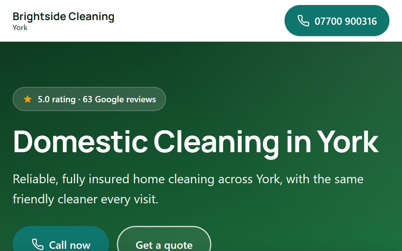 Screenshot of the Brightside Cleaning demo site with a deep green hero and Google rating badge