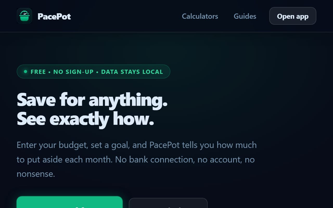 Screenshot of the PacePot homepage with the headline Save for anything, see exactly how