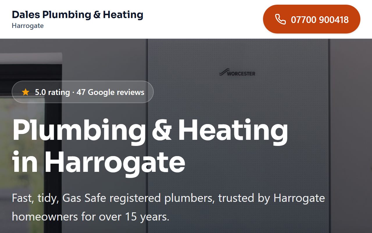 Screenshot of the Dales Plumbing and Heating demo site with a 5.0 Google rating badge